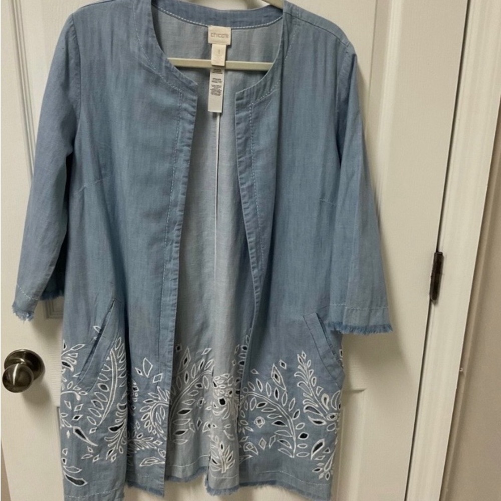 Chico's Sky Blue Chambray Eyelet Front Jacket - Picture 2 of 7